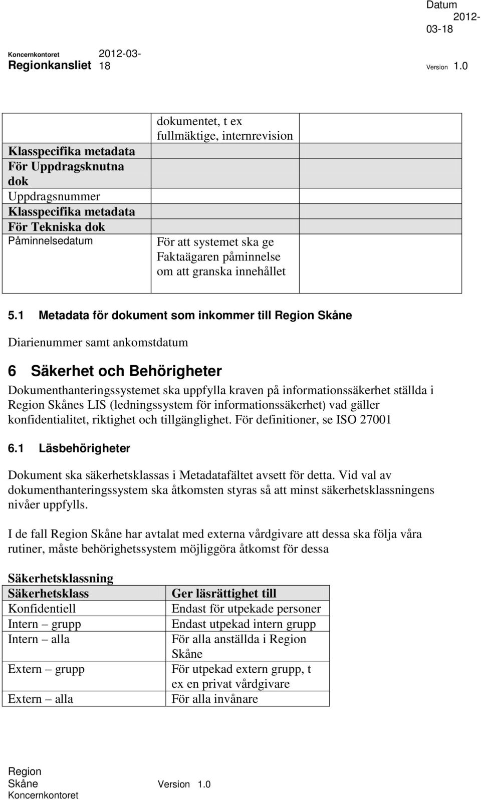 1 Metadata för dokument som inkommer till Skåne Diarienummer samt ankomstdatum 6 Säkerhet och Behörigheter Dokumenthanteringssystemet ska uppfylla kraven på informationssäkerhet ställda i Skånes LIS