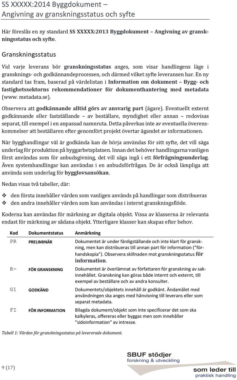 En ny standard tas fram, baserad på värdelistan i Information om dokument Bygg- och fastighetssektorns rekommendationer för dokumenthantering med metadata (www. metadata.se).