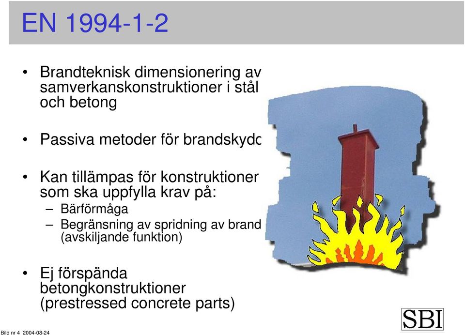 uppfylla krav på: Bärförmåga Begränsning av spridning av brand (avskiljande