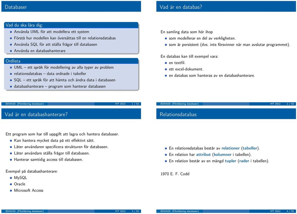 Ordlista UML ett språk för modellering av alla typer av problem relationsdatabas data ordnade i tabeller SQL ett språk för att hämta och ändra data i databasen databashanterare program som hanterar