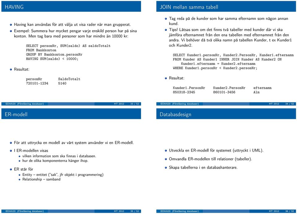 personNr HAVING SUM(saldo) < 10000; personnr SaldoTotalt 720101-1234 5140 JOIN mellan samma tabell Tag reda på de kunder som har samma efternamn som någon annan kund. Tips!