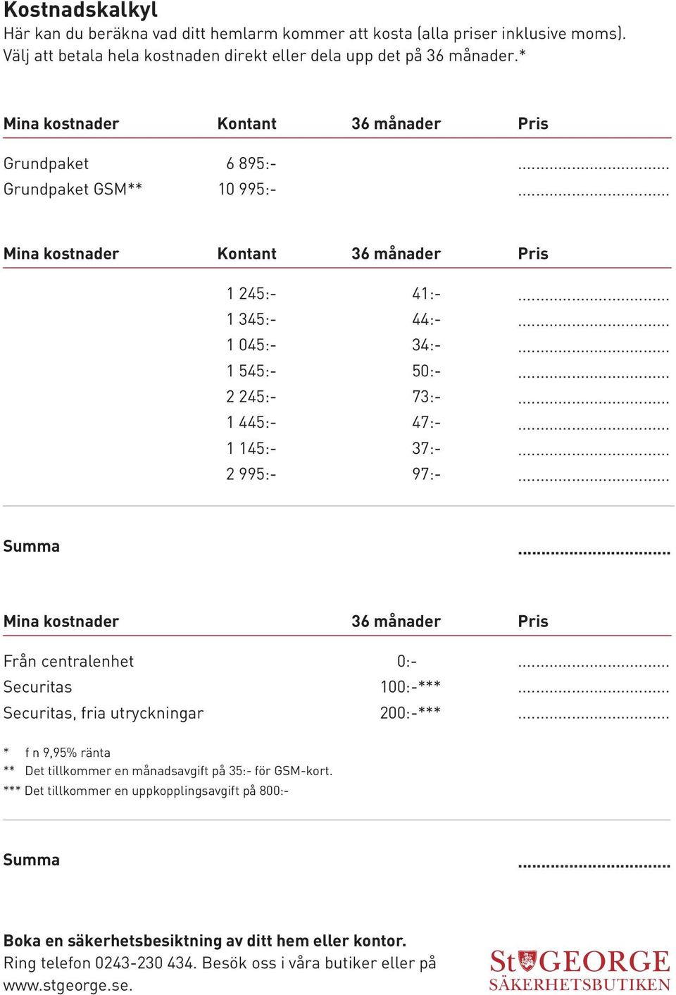 Summa... Från centralenhet 0:- Securitas 100:-*** Securitas, fria utryckningar 200:-*** * f n 9,95% ränta ** Det tillkommer en månadsavgift på 35:- för GSM-kort.