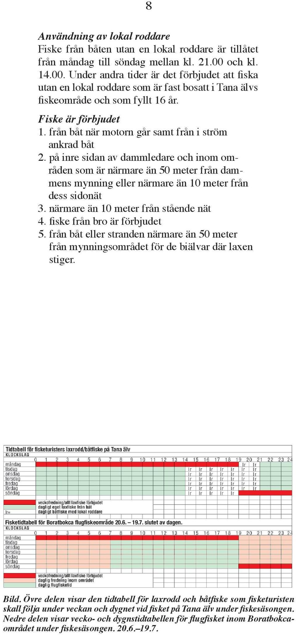 från båt när motorn går samt från i ström ankrad båt 2. på inre sidan av dammledare och inom områden som är närmare än 50 meter från dammens mynning eller närmare än 10 meter från dess sidonät 3.