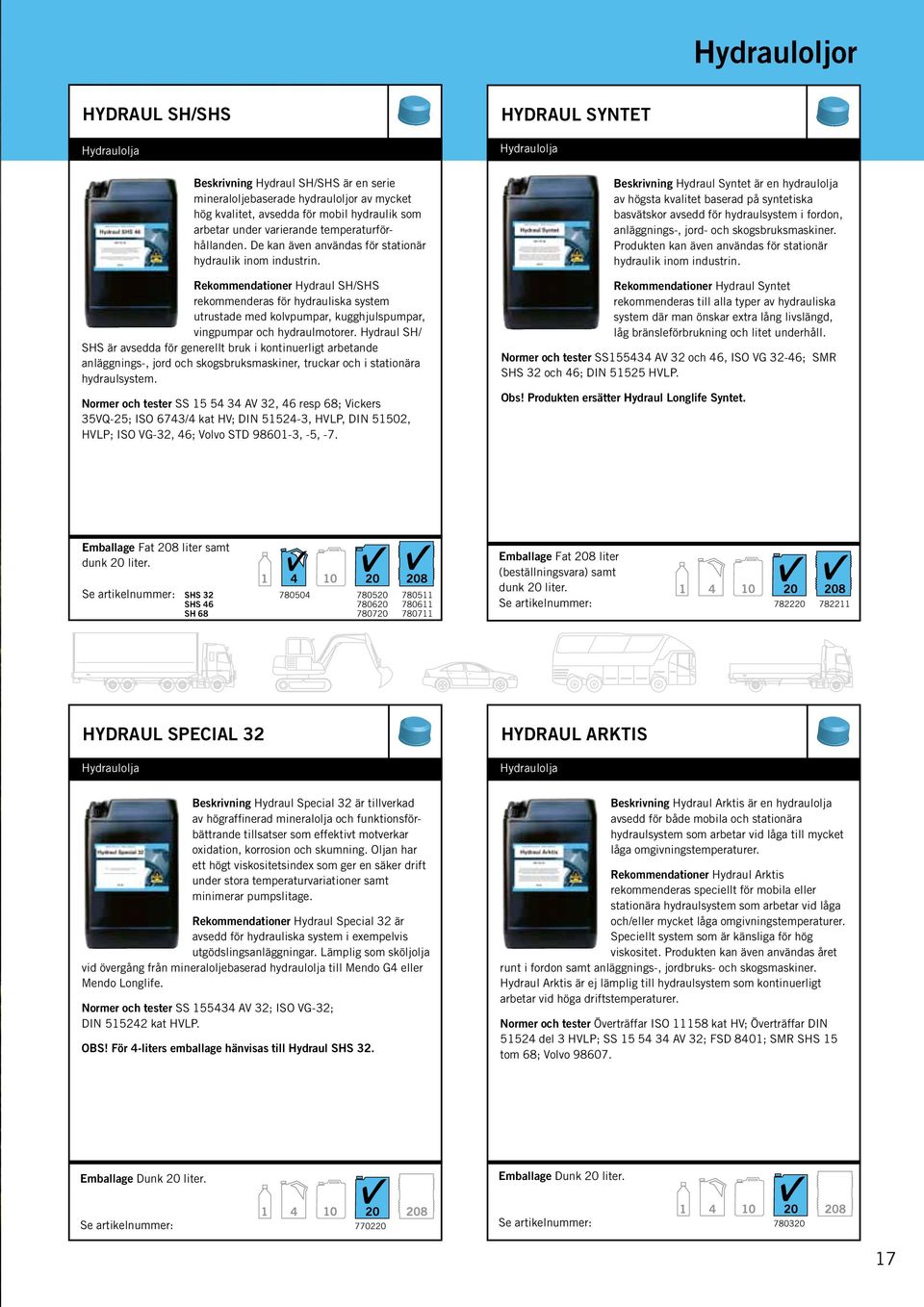 Rekommendationer Hydraul SH/SHS rekommenderas för hydrauliska system utrustade med kolvpumpar, kugghjulspumpar, vingpumpar och hydraulmotorer.