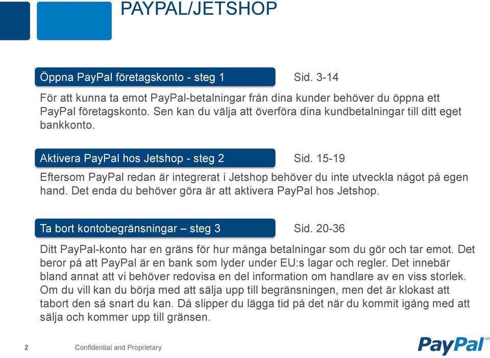 15-19 Eftersom PayPal redan är integrerat i Jetshop behöver du inte utveckla något på egen hand. Det enda du behöver göra är att aktivera PayPal hos Jetshop. Ta bort kontobegränsningar steg 3 Sid.