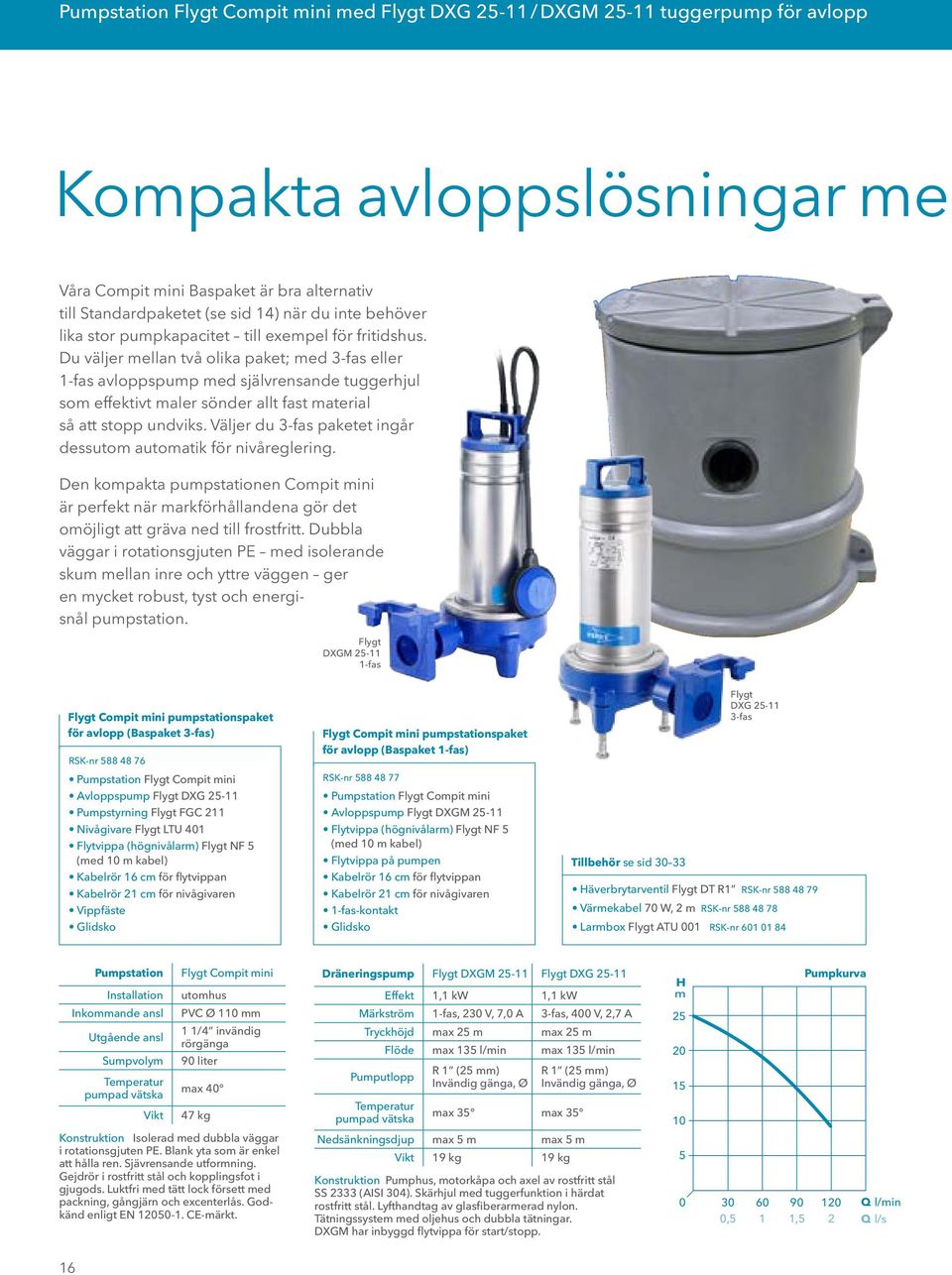 Du väljer mellan två olika paket; med 3-fas eller 1-fas avloppspump med självrensande tuggerhjul som effektivt maler sönder allt fast material så att stopp undviks.