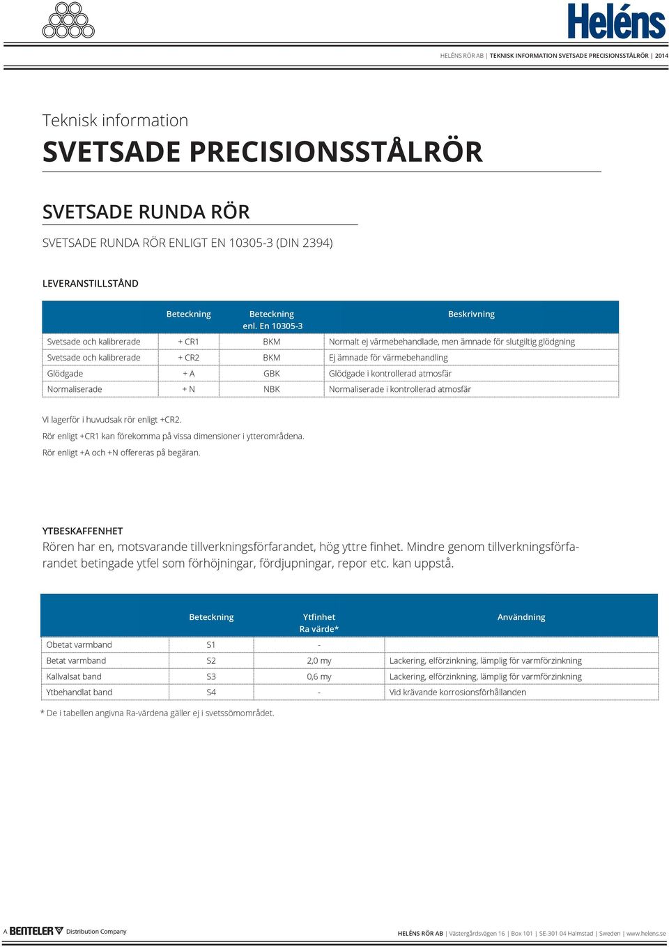 GBK Glödgade i kontrollerad atmosfär Normaliserade + N NBK Normaliserade i kontrollerad atmosfär Vi lagerför i huvudsak rör enligt +CR2.