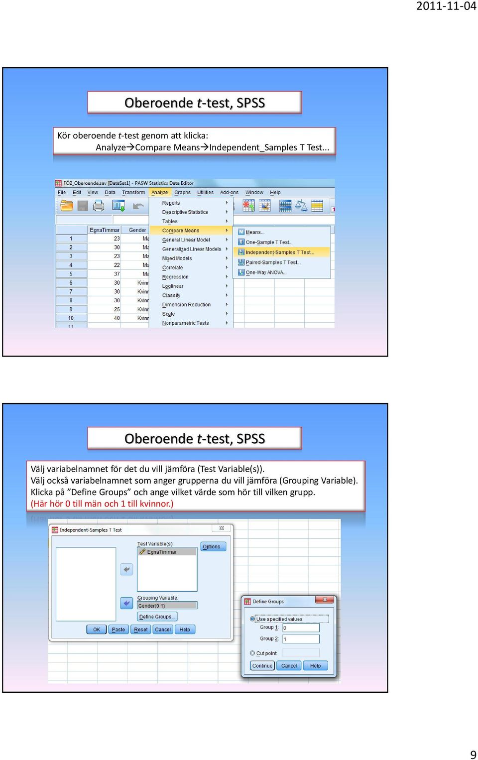 .. Oberoende t-test, SPSS Välj variabelnamnet för det du vill jämföra (Test Variable(s)).