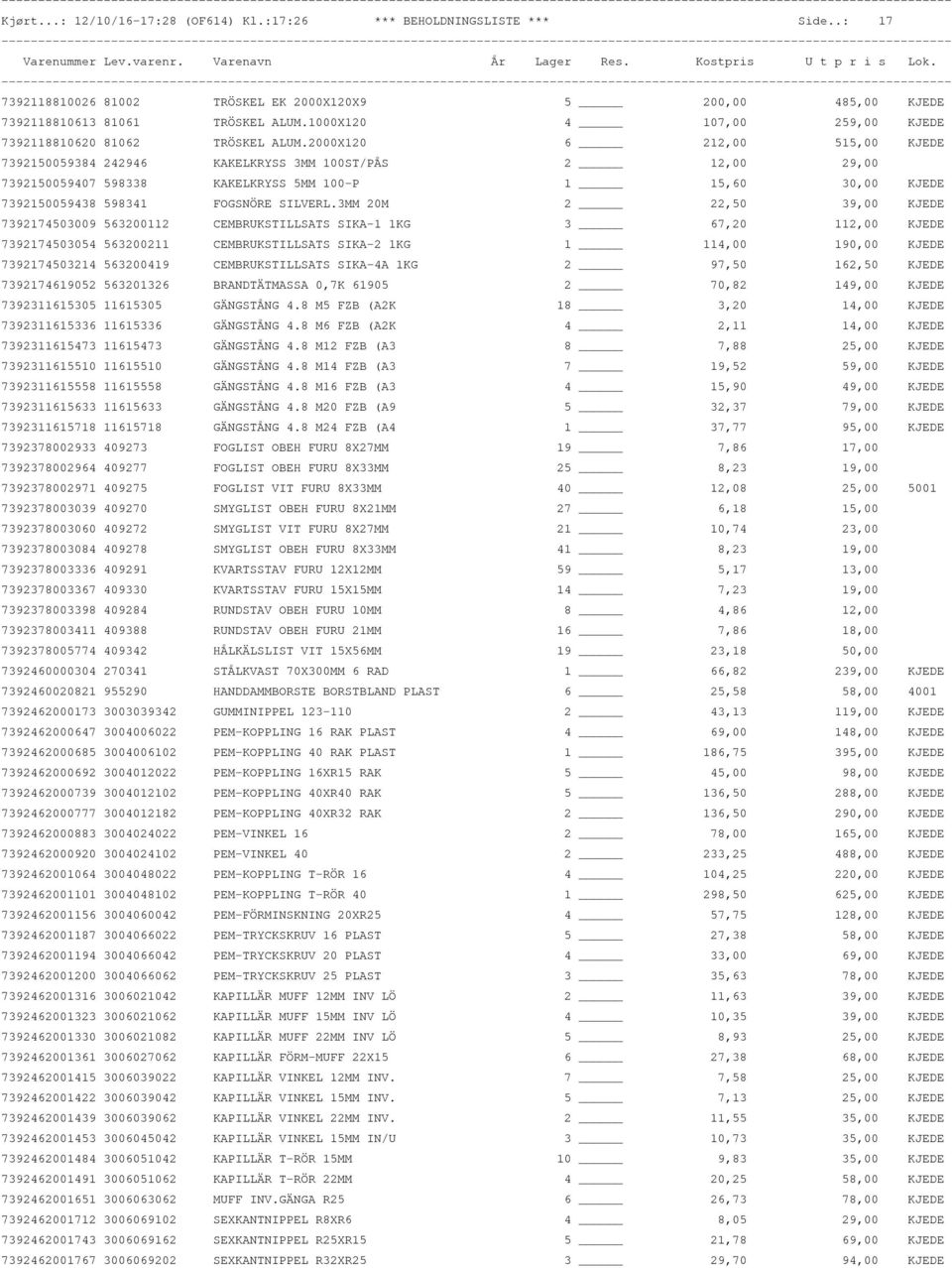 2000X120 6 212,00 515,00 KJEDE 7392150059384 242946 KAKELKRYSS 3MM 100ST/PÅS 2 12,00 29,00 7392150059407 598338 KAKELKRYSS 5MM 100-P 1 15,60 30,00 KJEDE 7392150059438 598341 FOGSNÖRE SILVERL.