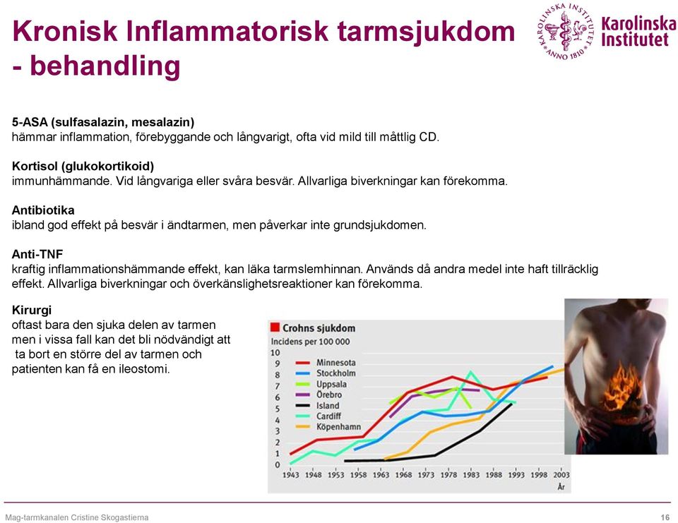 Antibiotika ibland god effekt på besvär i ändtarmen, men påverkar inte grundsjukdomen. Anti-TNF kraftig inflammationshämmande effekt, kan läka tarmslemhinnan.