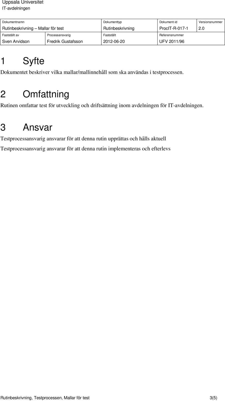 3 Ansvar Testprocessansvarig ansvarar för att denna rutin upprättas och hålls aktuell