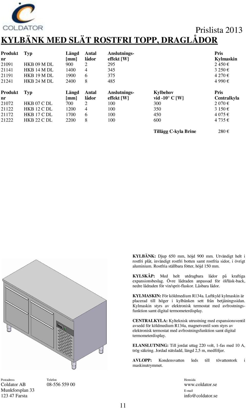21122 HKB 12 C DL 1200 4 100 350 3 150 21172 HKB 17 C DL 1700 6 100 450 4 075 21222 HKB 22 C DL 2200 8 100 600 4 735 Tillägg C-kyla Brine 280 KYLBÄNK: Djup 650 mm, höjd 900 mm.