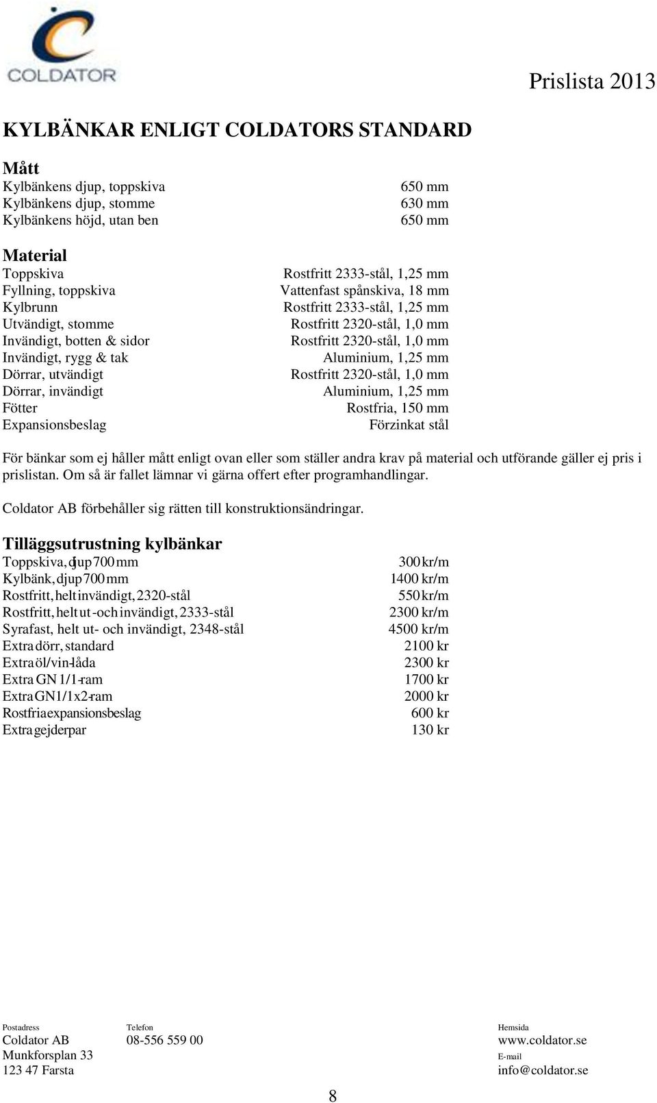 1,25 mm Rostfritt 2320-stål, 1,0 mm Rostfritt 2320-stål, 1,0 mm Aluminium, 1,25 mm Rostfritt 2320-stål, 1,0 mm Aluminium, 1,25 mm Rostfria, 150 mm Förzinkat stål För bänkar som ej håller mått enligt