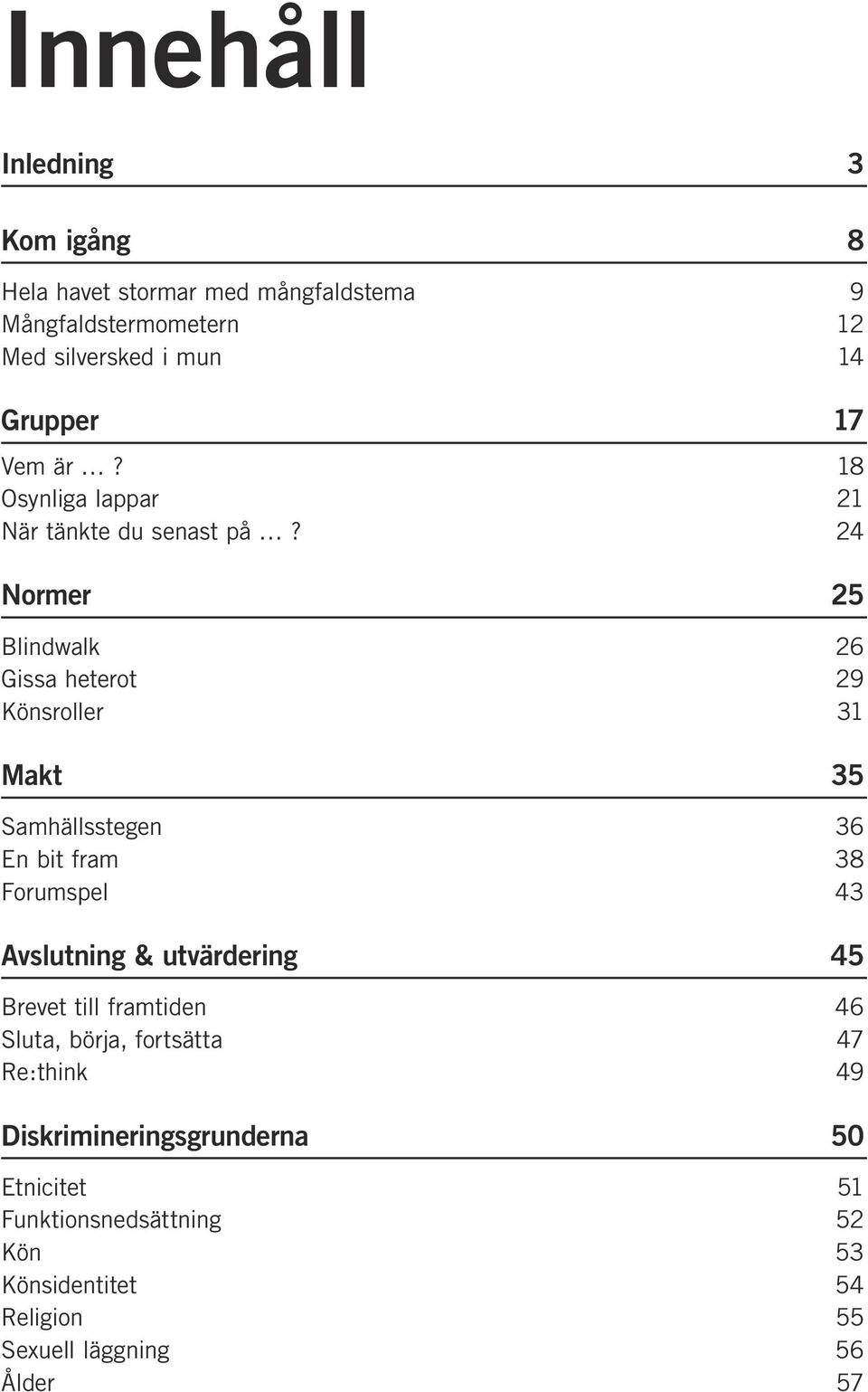 24 Normer 25 Blindwalk 26 Gissa heterot 29 Könsroller 31 Makt 35 Samhällsstegen 36 En bit fram 38 Forumspel 43 Avslutning &