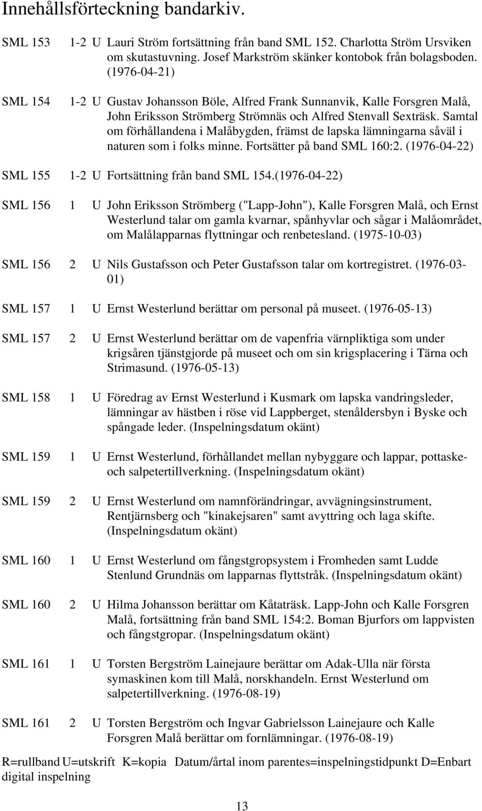 Samtal om förhållandena i Malåbygden, främst de lapska lämningarna såväl i naturen som i folks minne. Fortsätter på band SML 160:2. (1976-04-22) SML 155 1-2 U Fortsättning från band SML 154.