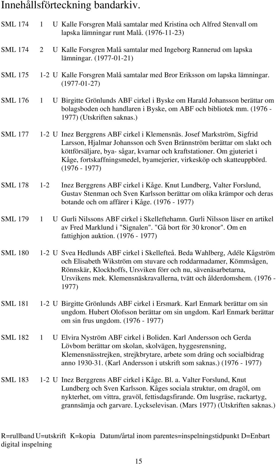 (1977-01-27) SML 176 1 U Birgitte Grönlunds ABF cirkel i Byske om Harald Johansson berättar om bolagsboden och handlaren i Byske, om ABF och bibliotek mm. (1976-1977) (Utskriften saknas.