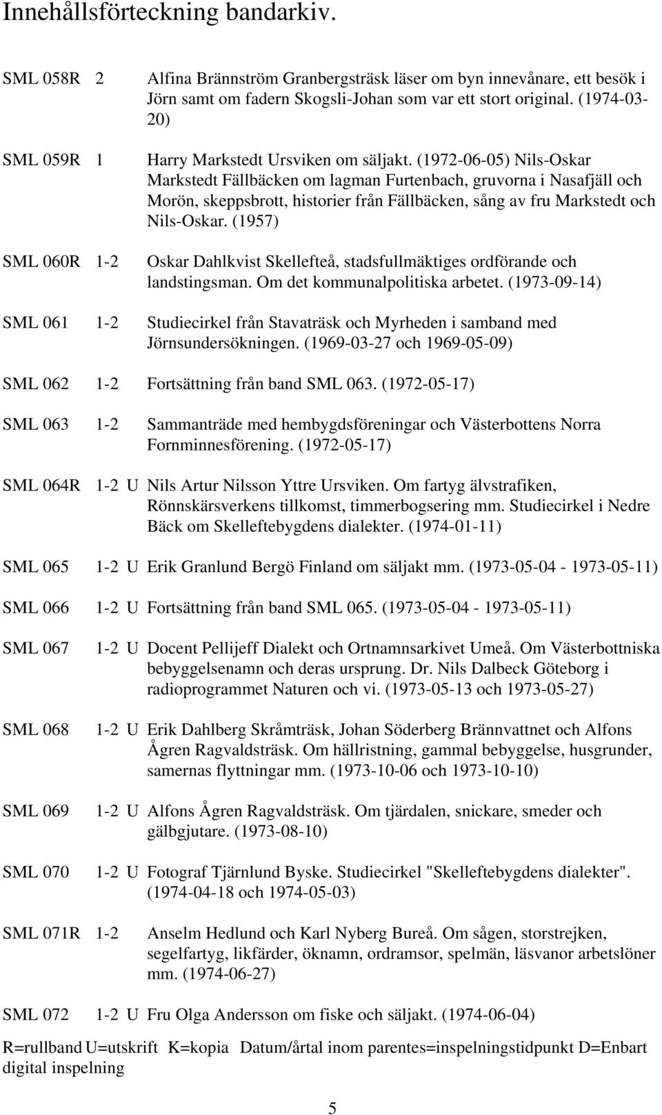 (1972-06-05) Nils-Oskar Markstedt Fällbäcken om lagman Furtenbach, gruvorna i Nasafjäll och Morön, skeppsbrott, historier från Fällbäcken, sång av fru Markstedt och Nils-Oskar.