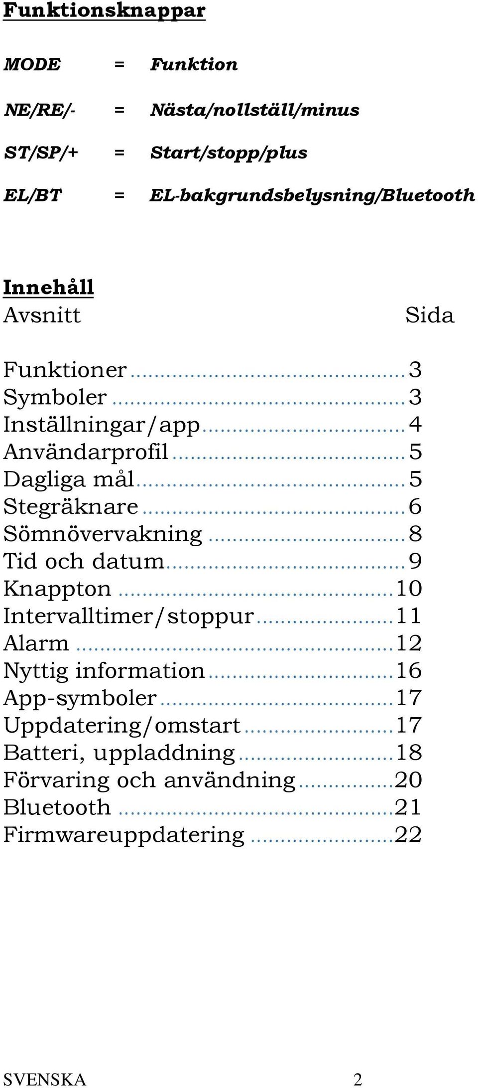 .. 6 Sömnövervakning... 8 Tid och datum... 9 Knappton... 10 Intervalltimer/stoppur... 11 Alarm... 12 Nyttig information.