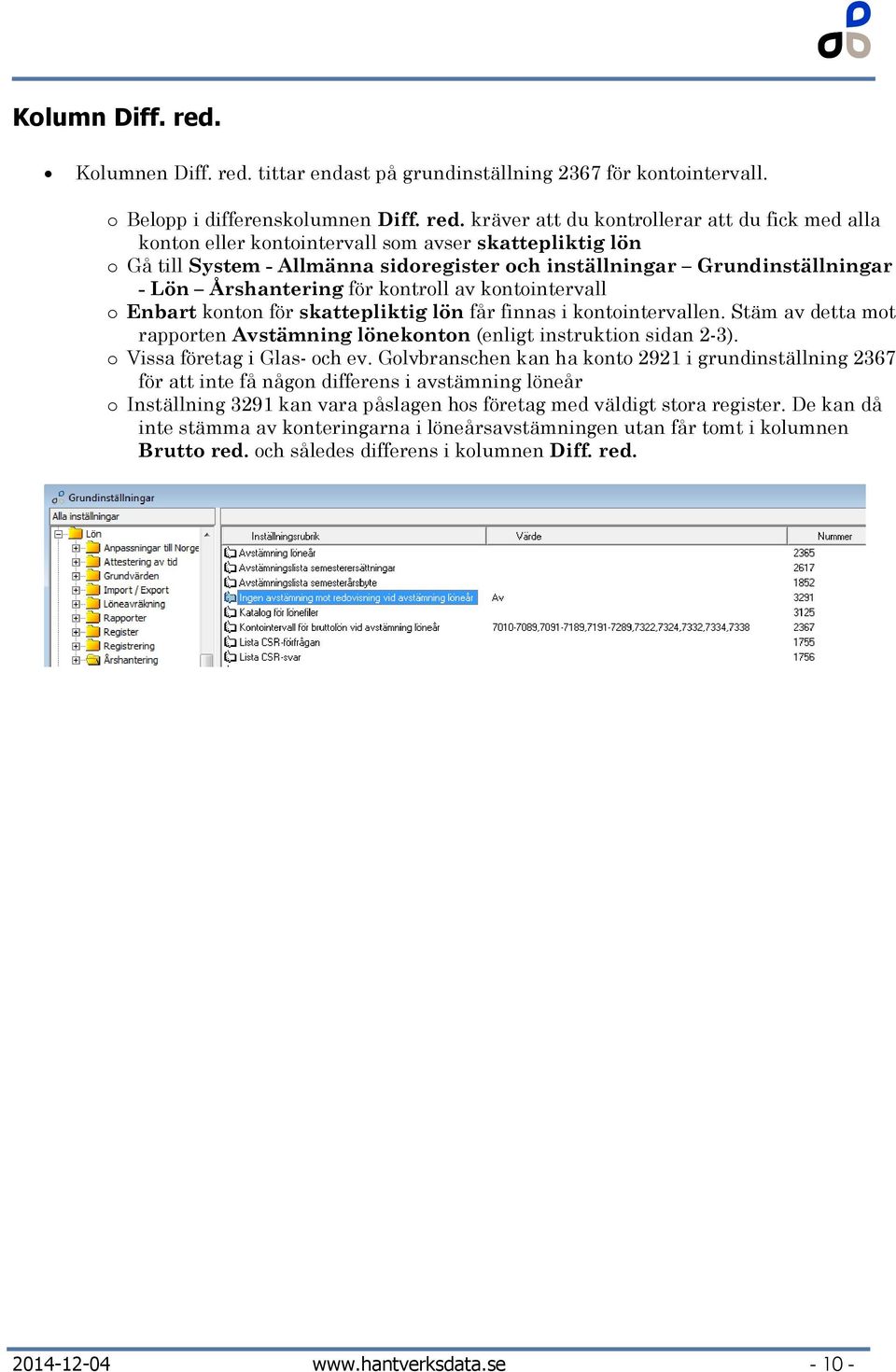 tittar endast på grundinställning 2367 för kontointervall. o Belopp i differenskolumnen Diff. red.