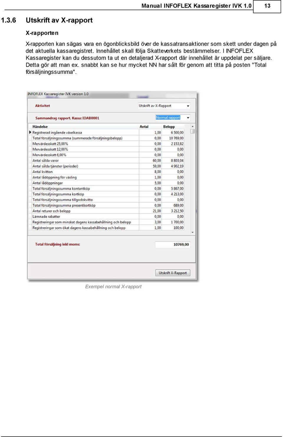 I INFOFLEX Kassaregister kan du dessutom ta ut en detaljerad X-rapport där innehållet är uppdelat per säljare.