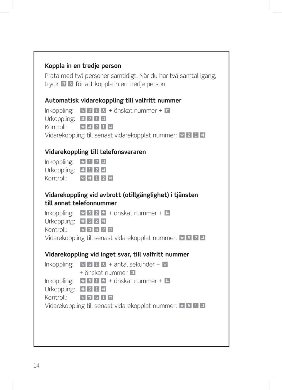 F Vidarekoppling vid avbrott (otillgänglighet) i tjänsten till annat telefonnummer Inkoppling: S& S + önskat nummer + F Urkoppling: F& F Kontroll: SF& F Vidarekoppling till senast vidarekopplat