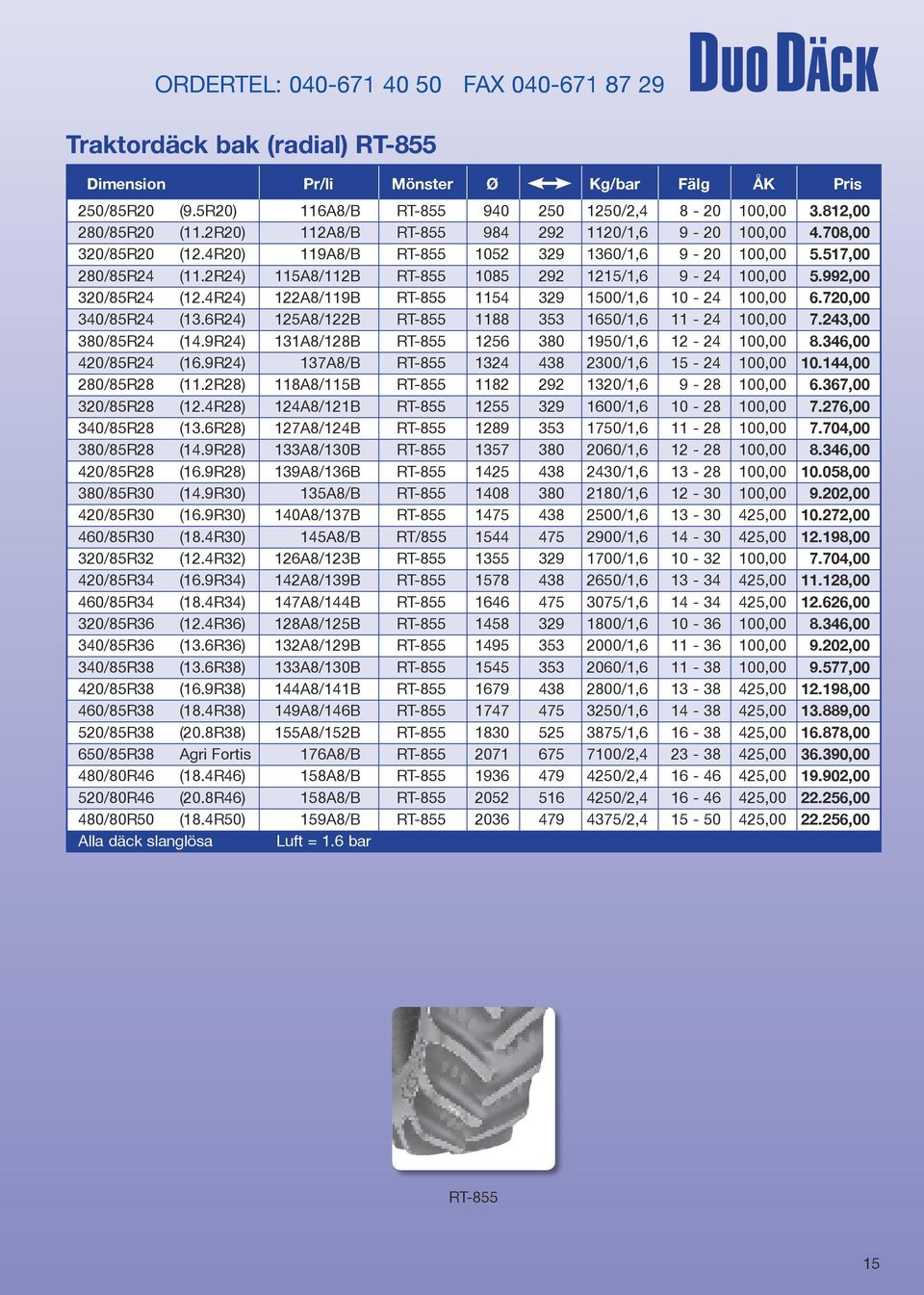 2R24) 115A8/112B RT-855 1085 292 1215/1,6 9-24 100,00 5.992,00 320/85R24 (12.4R24) 122A8/119B RT-855 1154 329 1500/1,6 10-24 100,00 6.720,00 340/85R24 (13.