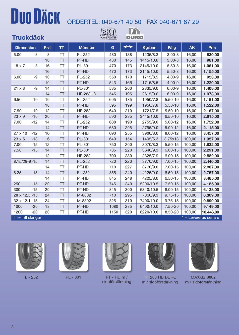 00-9 16,00 953,00 10 TT PT-HD 543 166 1715/8.5 4.00-9 16,00 1.220,00 21 x 8-9 14 TT PL-801 535 200 2335/9.0 6.00-9 16,00 1.408,00 14 TT HF-283HD 545 195 2615/9.0 6.00-9 16,00 1.973,00 6.