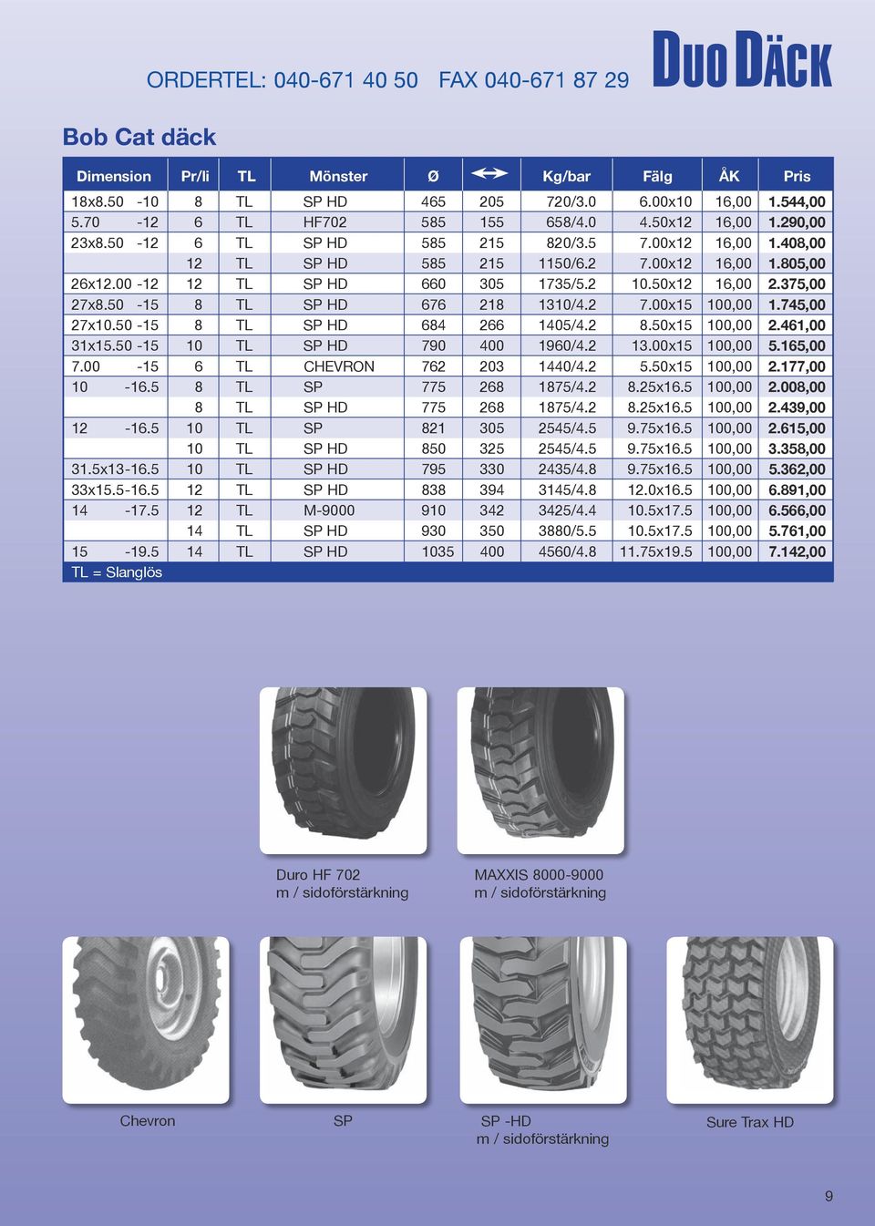 00-12 12 TL SP HD 660 305 1735/5.2 10.50x12 16,00 2.375,00 27x8.50-15 8 TL SP HD 676 218 1310/4.2 7.00x15 100,00 1.745,00 27x10.50-15 8 TL SP HD 684 266 1405/4.2 8.50x15 100,00 2.461,00 31x15.