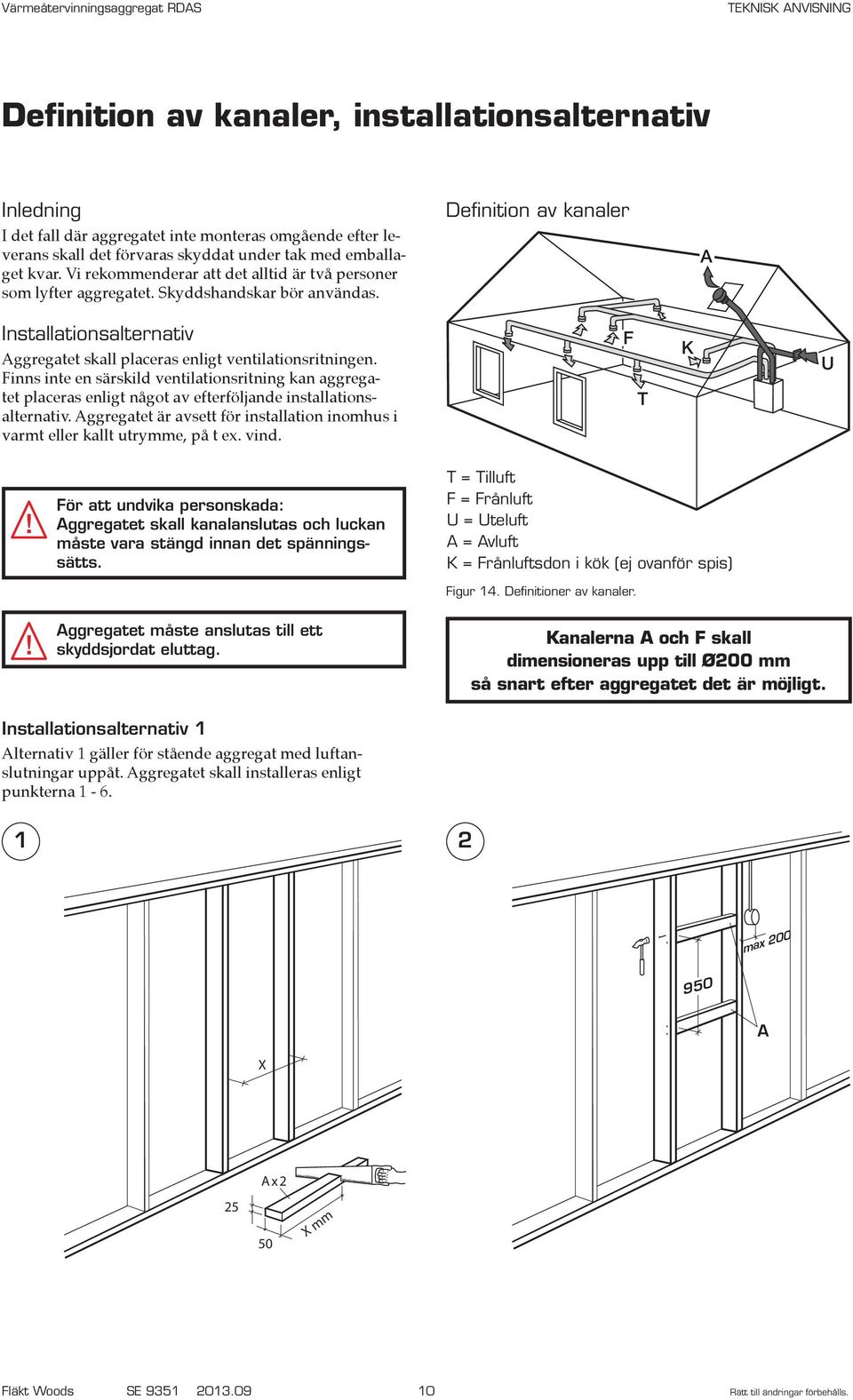 Definition av kanaler A Installationsalternativ Aggregatet skall placeras enligt ventilationsritningen.