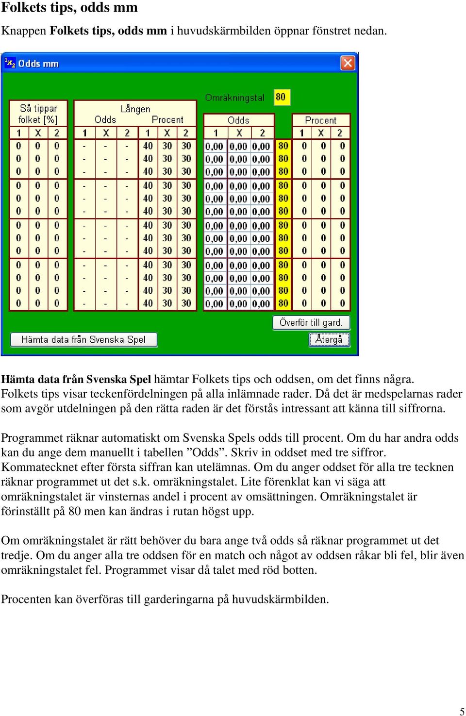 Programmet räknar automatiskt om Svenska Spels odds till procent. Om du har andra odds kan du ange dem manuellt i tabellen Odds. Skriv in oddset med tre siffror.