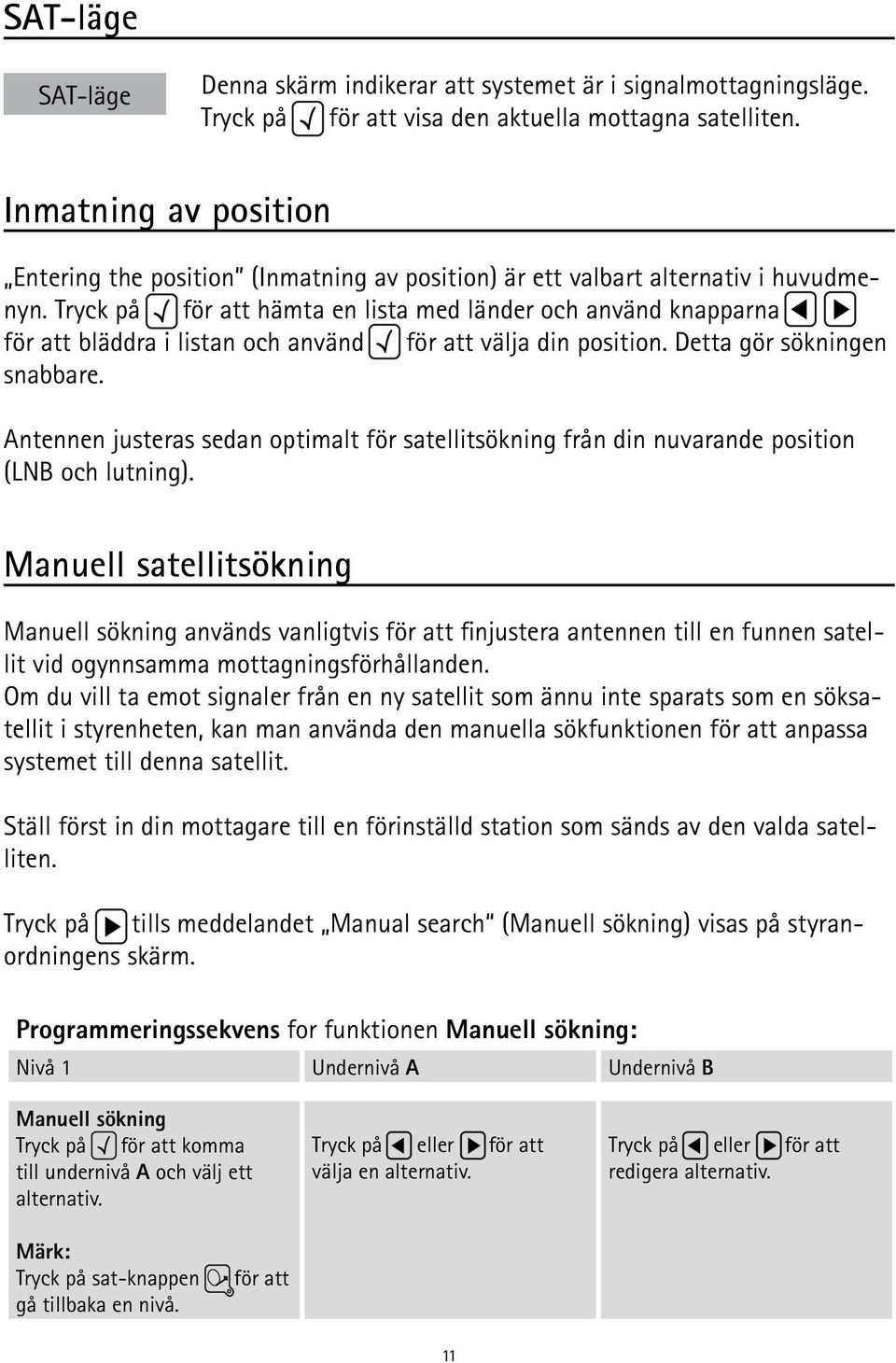 Tryck på för att hämta en lista med länder och använd knapparna för att bläddra i listan och använd för att välja din position. Detta gör sökningen snabbare.