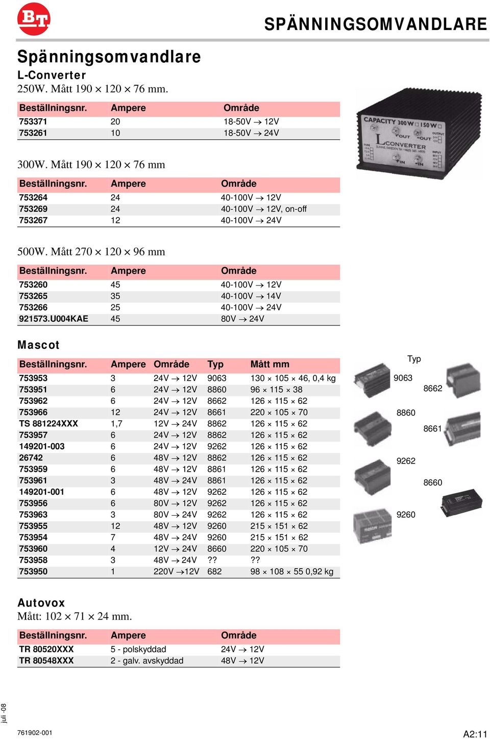 Mått 270 120 96 mm Ampere Område 753260 45 40-100V 12V 753265 35 40-100V 14V 753266 25 40-100V 24V 921573.