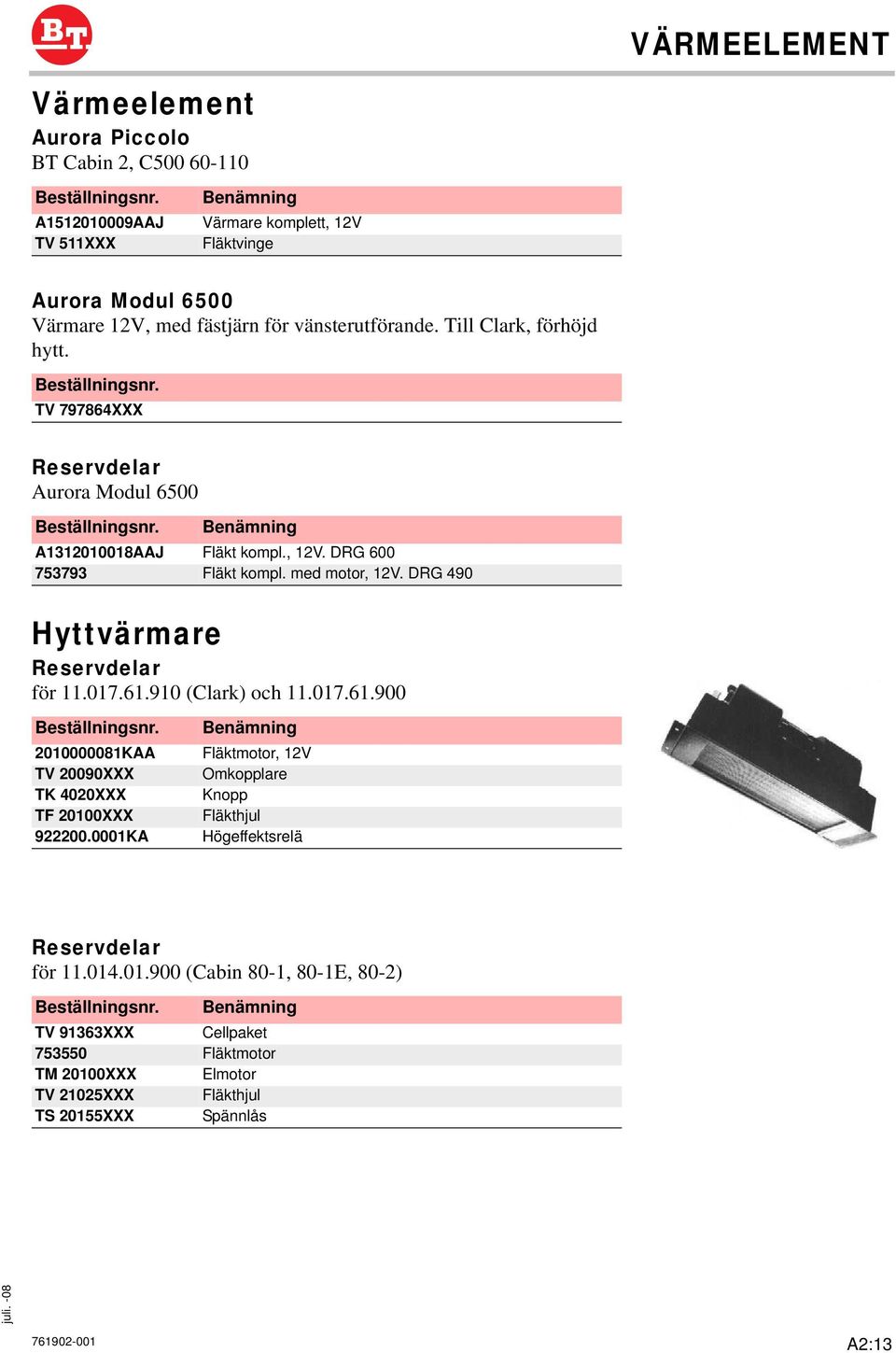 DRG 490 Hyttvärmare Reservdelar för 11.017.61.910 (Clark) och 11.017.61.900 2010000081KAA TV 20090XXX TK 4020XXX TF 20100XXX 922200.