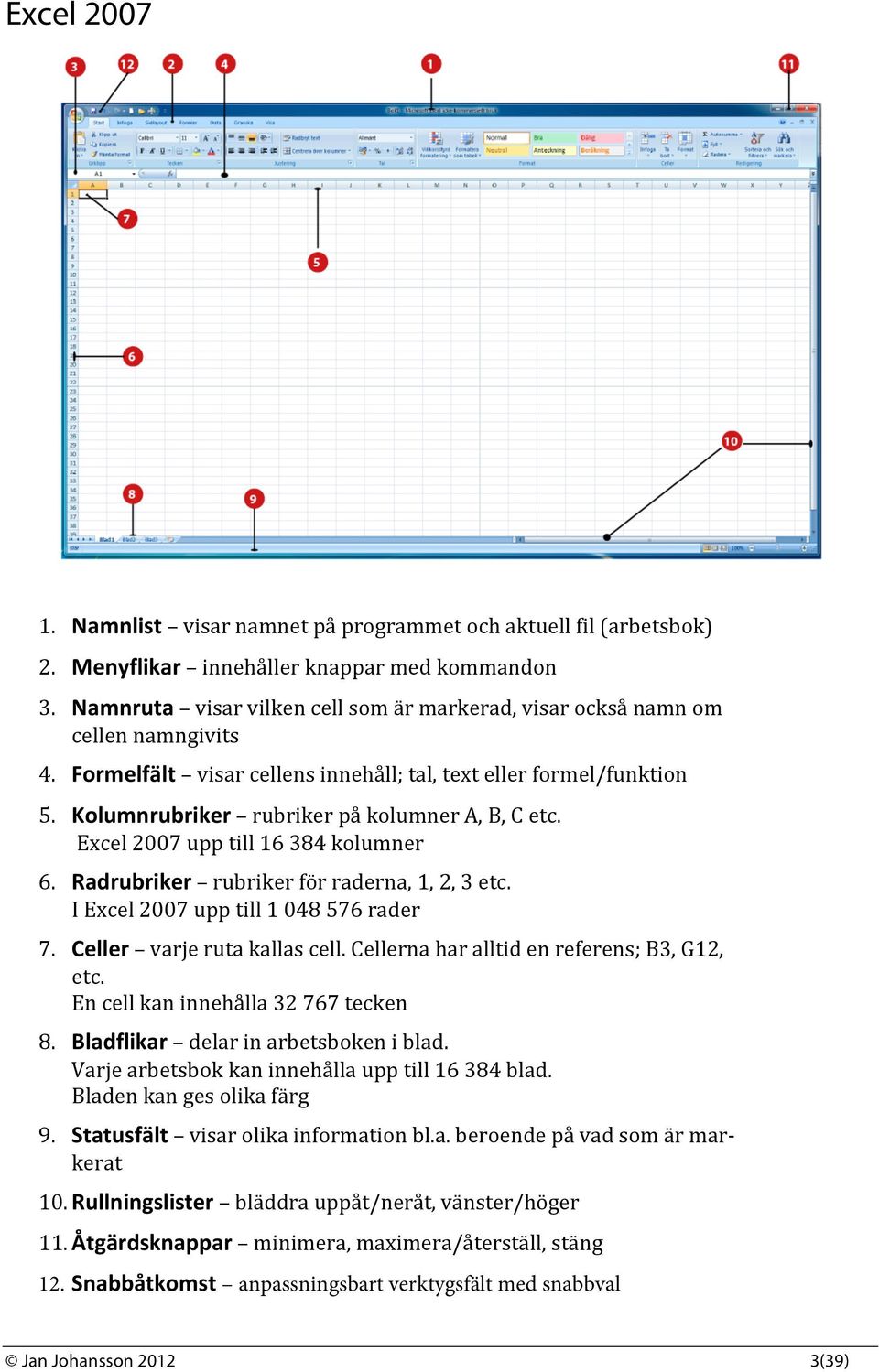Kolumnrubriker rubriker på kolumner A, B, C etc. Excel 2007 upp till 16 384 kolumner 6. Radrubriker rubriker för raderna, 1, 2, 3 etc. I Excel 2007 upp till 1 048 576 rader 7.