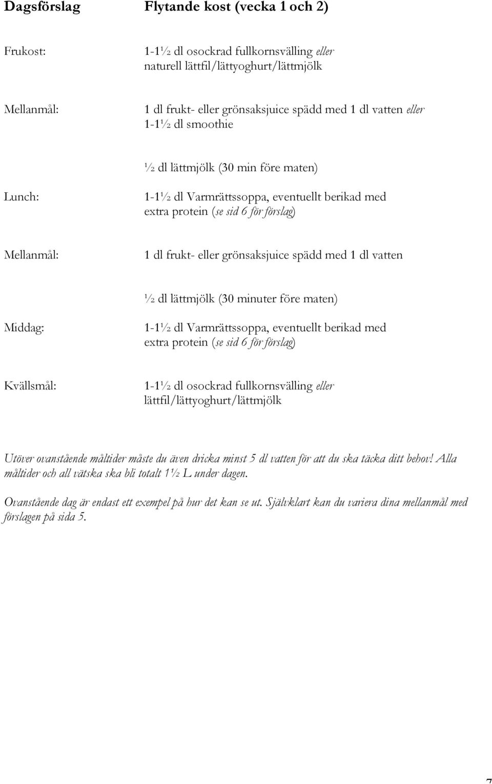 lättmjölk (30 minuter före maten) Middag: 1-1½ dl Varmrättssoppa, eventuellt berikad med extra protein (se sid 6 för förslag) Kvällsmål: 1-1½ dl osockrad fullkornsvälling eller