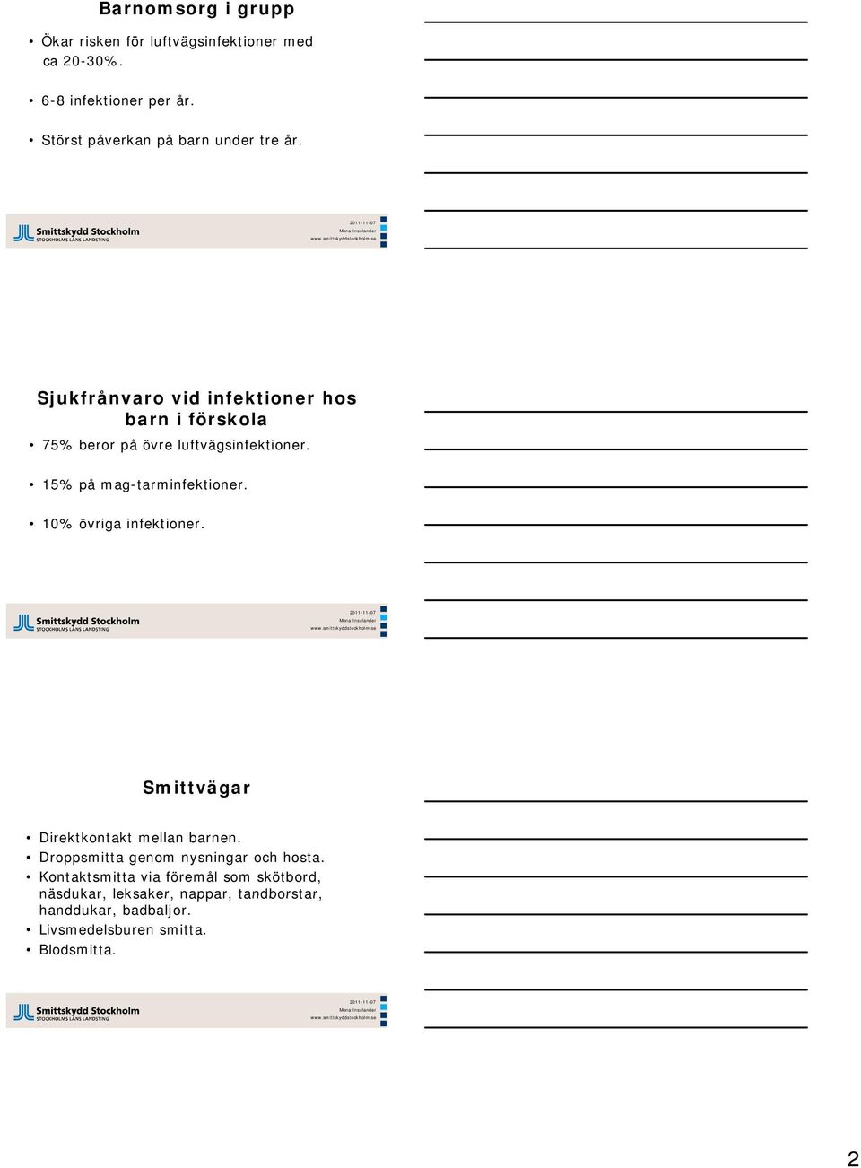 Sjukfrånvaro vid infektioner hos barn i förskola 75% beror på övre luftvägsinfektioner. 15% på mag-tarminfektioner.