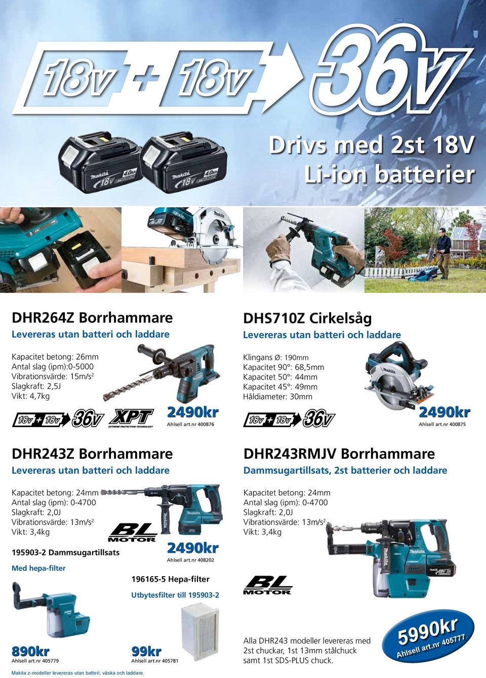 nr 400875 DHR243Z Borrhammare Levereras utan batteri och laddare DHR243RMJV Borrhammare Dammsugartillsats, 2st batterier och laddare Kapacitet betong: 24mm Antal slag (ipm): 0-4700 Slagkraft: 2,0J
