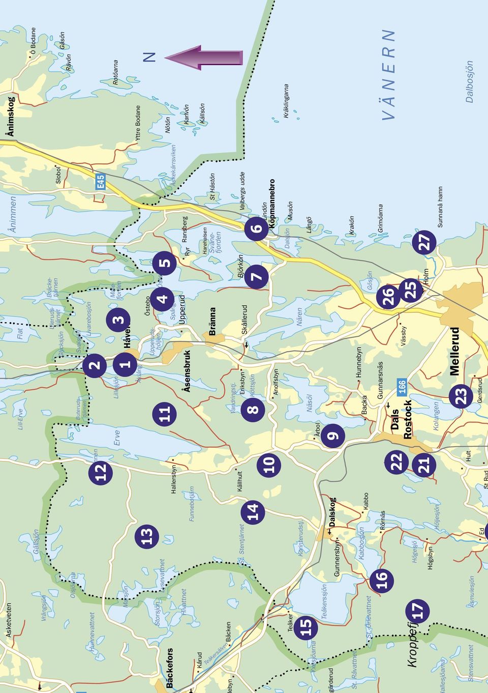 Dalbosjön VÄNERN Gåsön Ö Bodane N Rotöarna Kräklingarna Källsön Karlvön Nötön Ånimskog Yttre Bodane Äskekärrsviken E45 Slobol Valbergs udde 6 Lindön Svanefjorden Harehalsen Ryr Ransberg Östebosjön 26