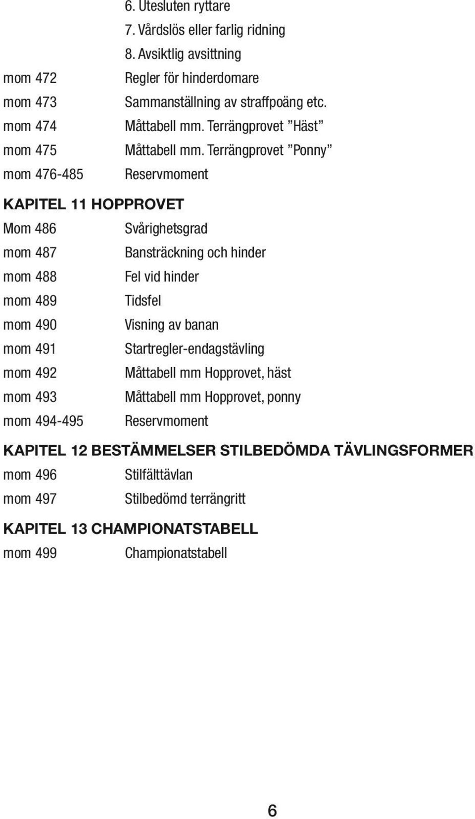 Terrängprovet Ponny mom 476-485 Reservmoment KAPITEL 11 HOPPROVET Mom 486 Svårighetsgrad mom 487 Bansträckning och hinder mom 488 Fel vid hinder mom 489 Tidsfel mom 490