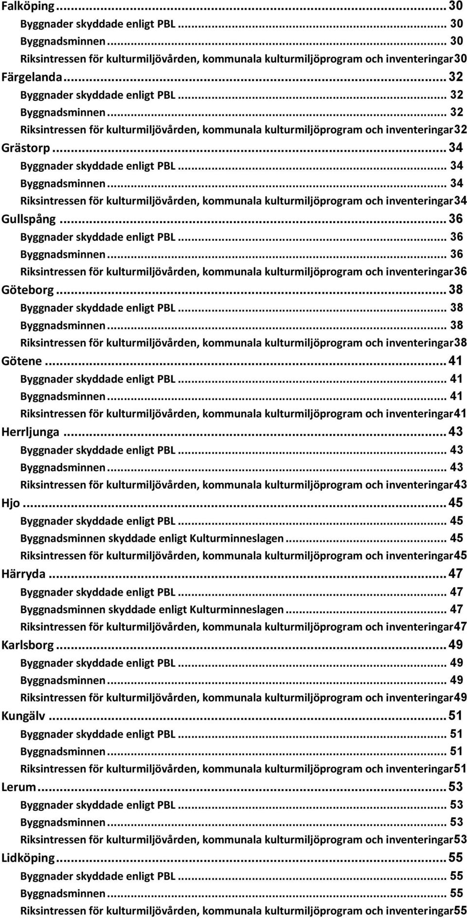 .. 34 Byggnadsminnen... 34 Riksintressen för kulturmiljövården, kommunala kulturmiljöprogram och inventeringar34 Gullspång... 36 Byggnader skyddade enligt PBL... 36 Byggnadsminnen.