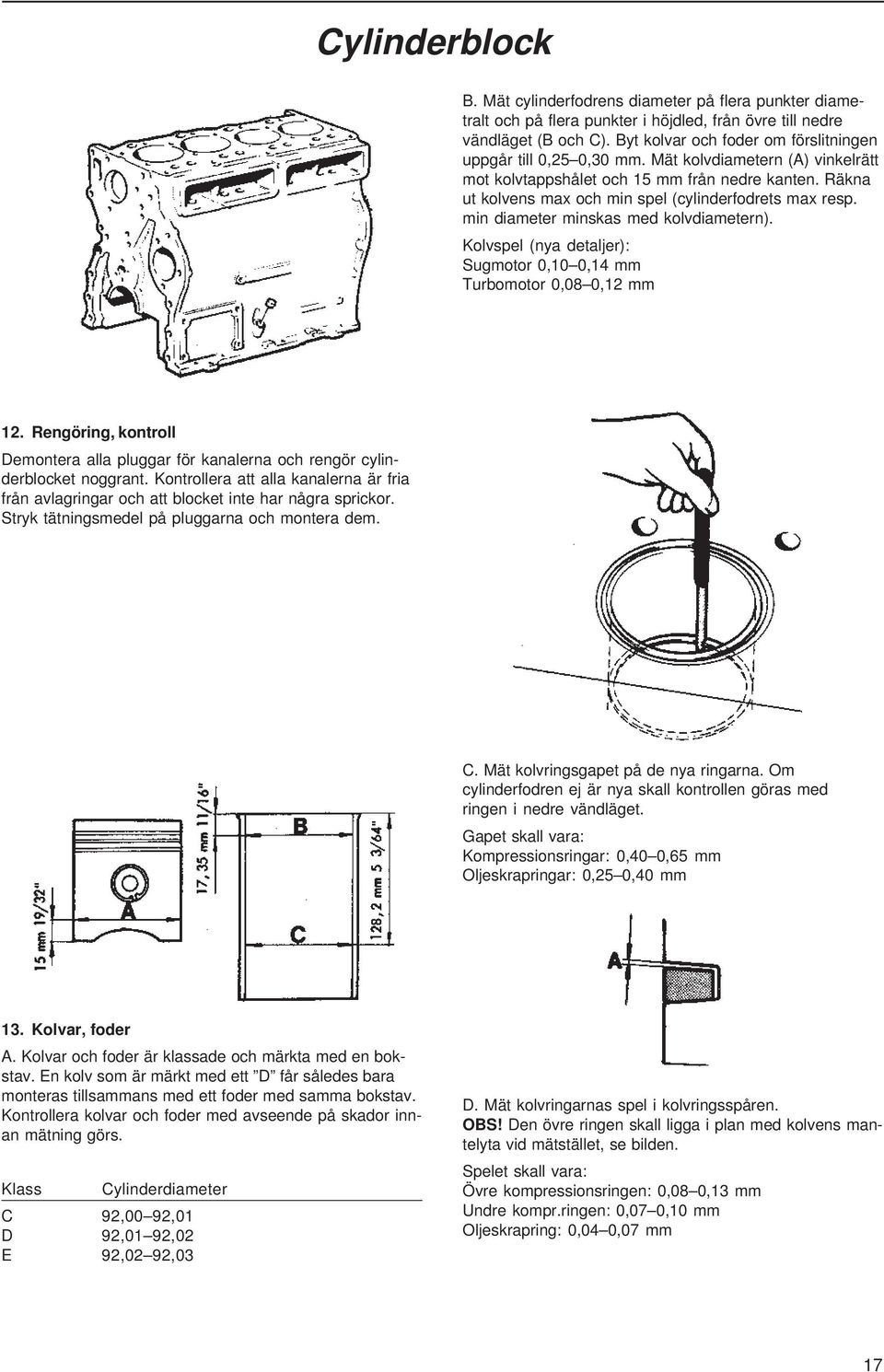 Räkna ut kolvens max och min spel (cylinderfodrets max resp. min diameter minskas med kolvdiametern). Kolvspel (nya detaljer): Sugmotor 0,10 0,14 mm Turbomotor 0,08 0,12 mm 12.