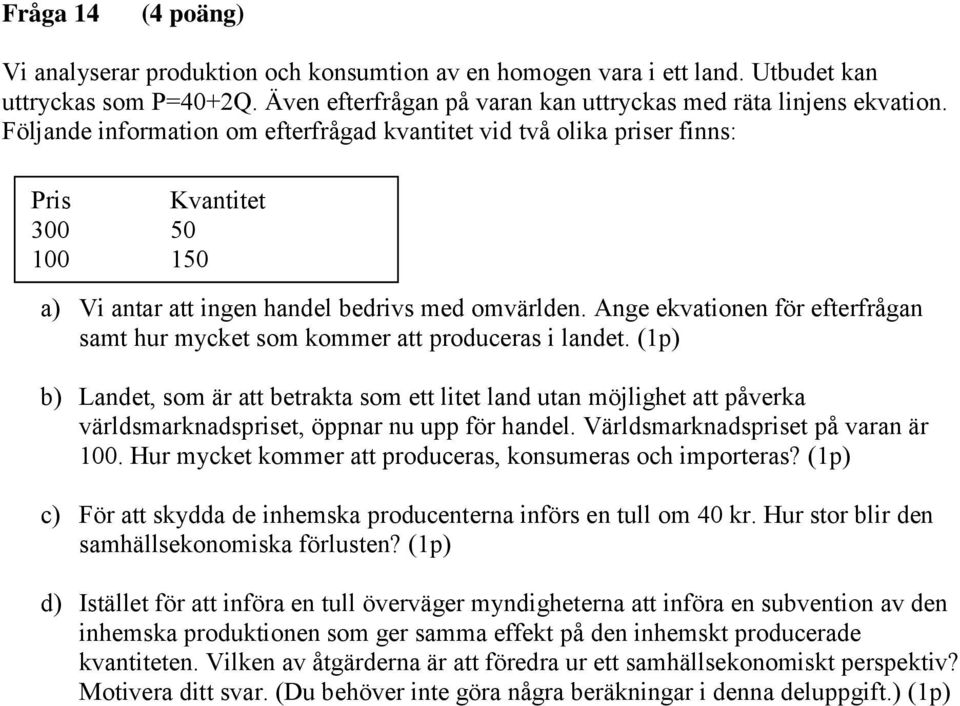 Ange ekvationen för efterfrågan samt hur mycket som kommer att produceras i landet.