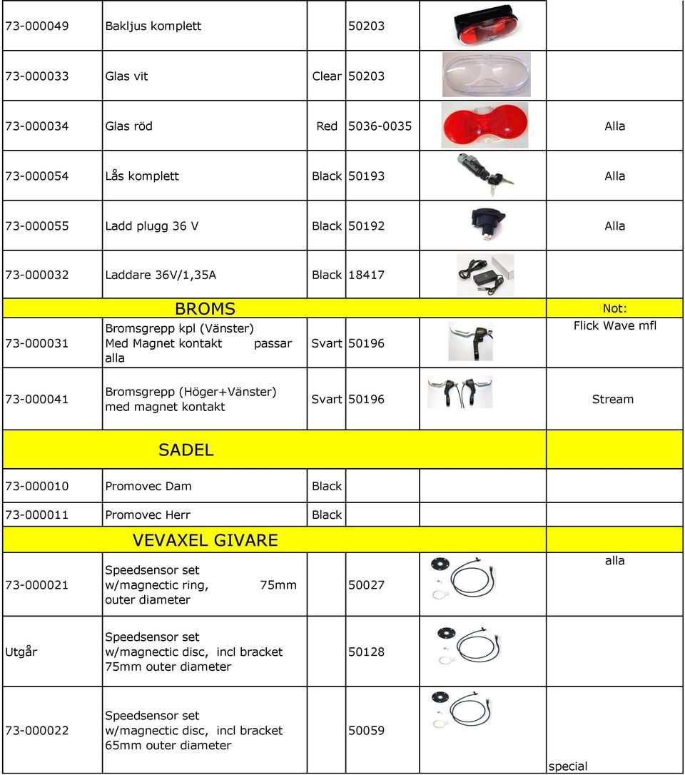 (Höger+Vänster) med magnet kontakt Svart 50196 Stream SADEL 73-000010 Promovec Dam Black 73-000011 Promovec Herr Black VEVAXEL GIVARE Speedsensor set 73-000021 w/magnectic ring,