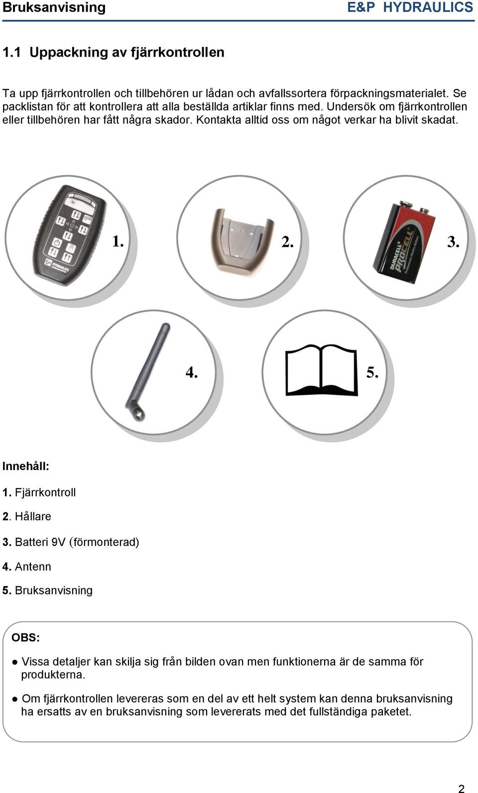 Kontakta alltid oss om något verkar ha blivit skadat. 1. 2. 3. 4. 5. Innehåll: 1. Fjärrkontroll 2. Hållare 3. Batteri 9V (förmonterad) 4. Antenn 5.