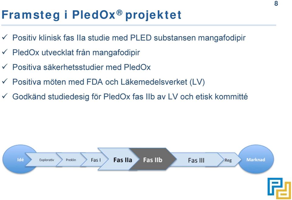 säkerhetsstudier med PledOx Positiva möten med FDA och