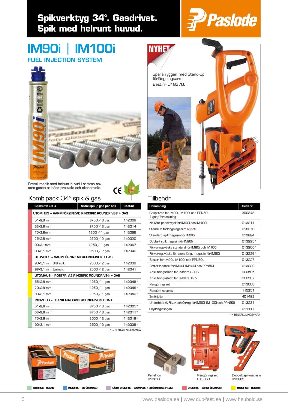 Kombipack: 34 spik & gas Spikmått L x D Antal spik / gas per ask al Tillbehör Benämning Ringspik RounDrive + gas 51x2,8 mm 3750 / 3 gas 142008 63x2,8 mm 3750 / 3 gas 142014 75x2,8mm 1250 / 1 gas