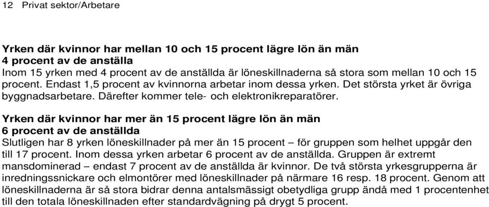 Yrken där kvinnor har mer än 15 procent lägre lön än män 6 procent av de anställda Slutligen har 8 yrken löneskillnader på mer än 15 procent för gruppen som helhet uppgår den till 17 procent.