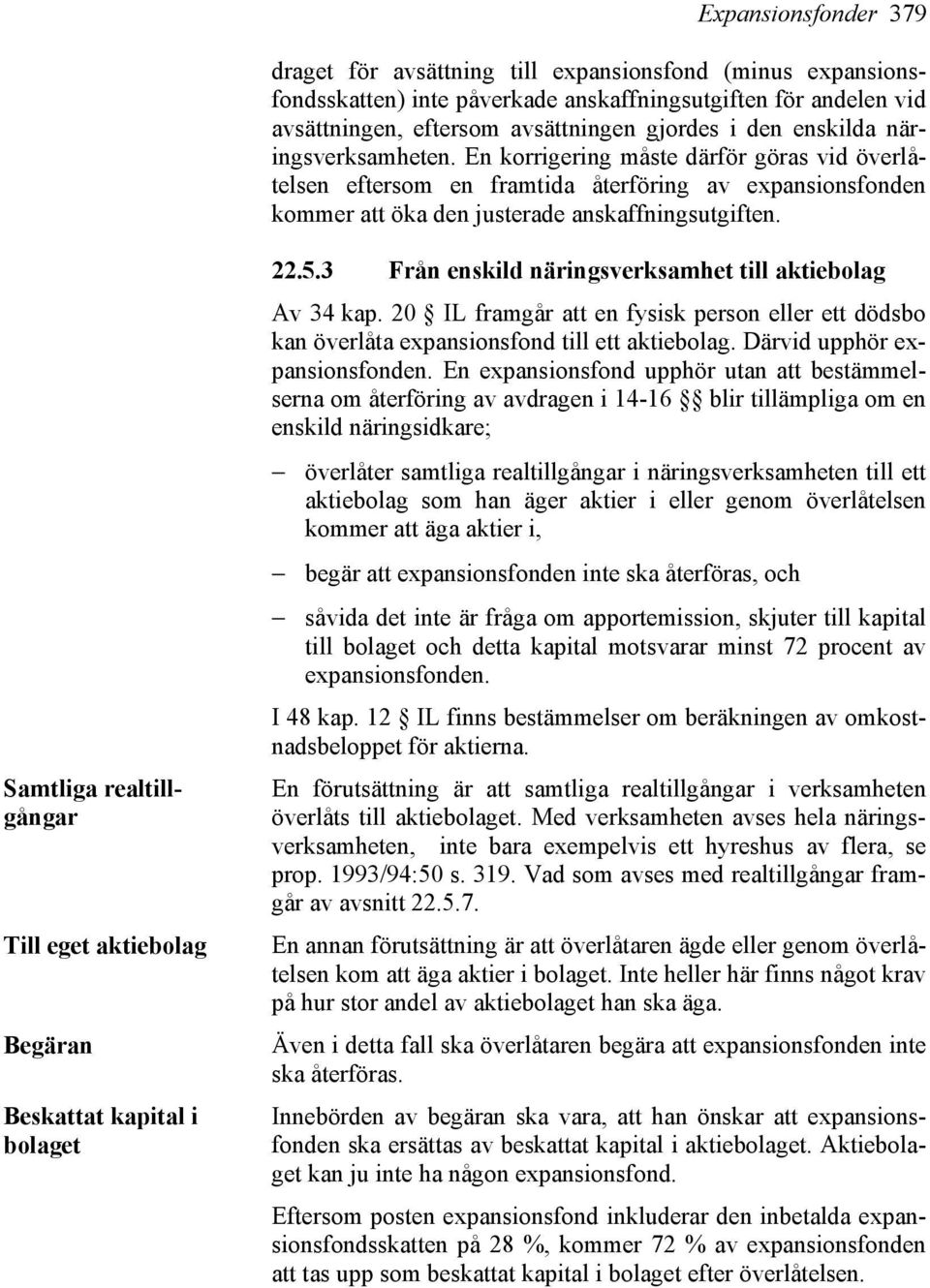 Samtliga realtillgångar Till eget aktiebolag Begäran Beskattat kapital i bolaget 22.5.3 Från enskild näringsverksamhet till aktiebolag Av 34 kap.