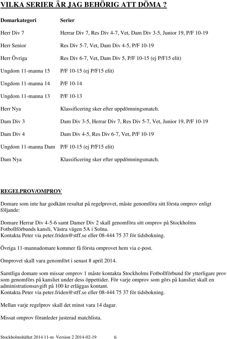Dam Div 5, P/F 10-15 (ej P/F15 elit) P/F 10-15 (ej P/F15 elit) Ungdom 11-manna 14 P/F 10-14 Ungdom 11-manna 13 P/F 10-13 Herr Nya Klassificering sker efter uppdömningsmatch.