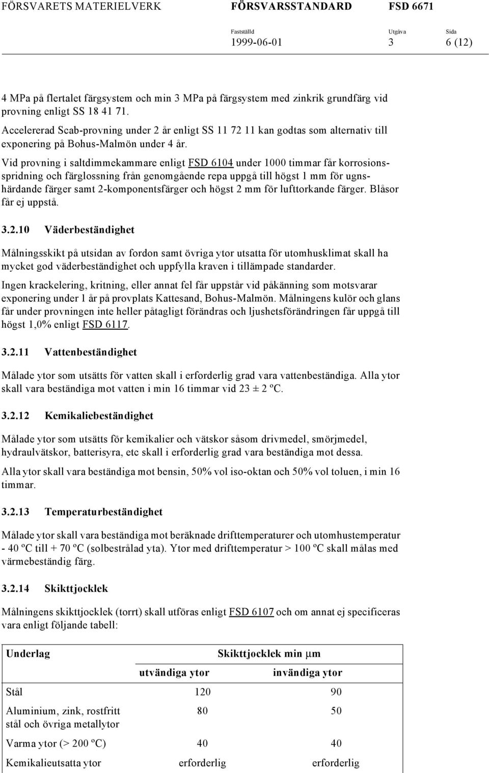 Vid provning i saltdimmekammare enligt FSD 6104 under 1000 timmar får korrosionsspridning och färglossning från genomgående repa uppgå till högst 1 mm för ugnshärdande färger samt 2-komponentsfärger